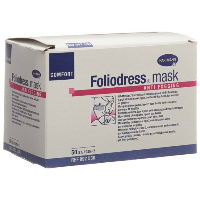 Μάσκες Ιατρικές Foliodress Anti-Fogging 3ply Type II BFE>98% με Λάστιχο 50τμχ REF:992530 Hartmann