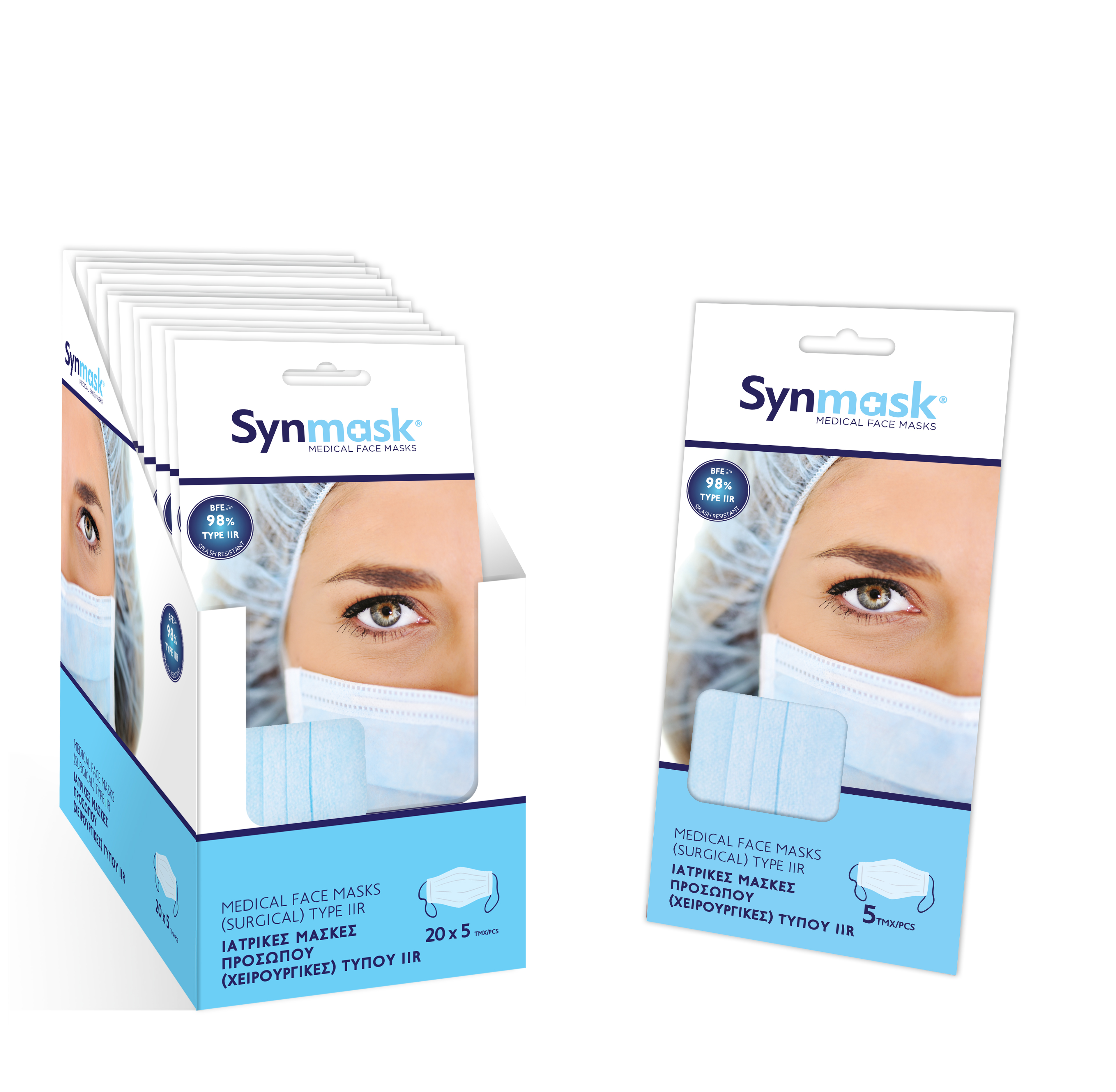Surgical Masks Synmask 3ply Type IIR BFE>98% Display Box 20x5pcs