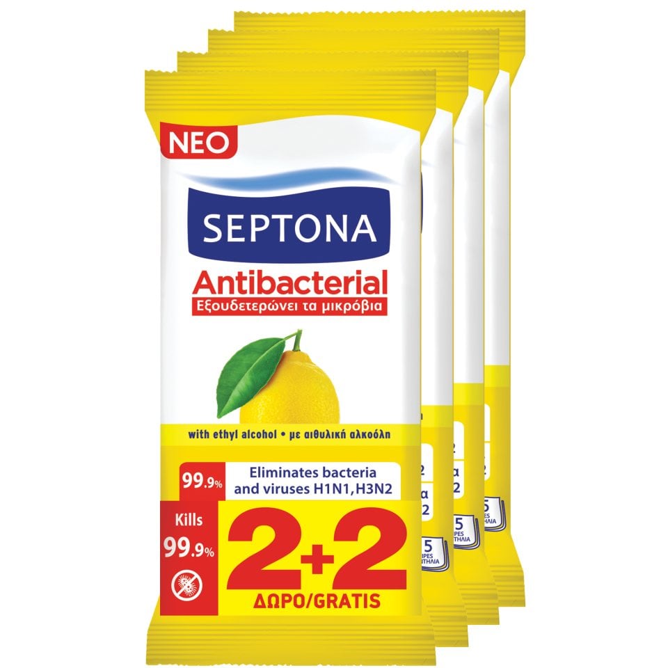 Septona Δροσομάντηλα Antibacterial Λεμόνι 4x15τμχ (2+2 Δώρο)
