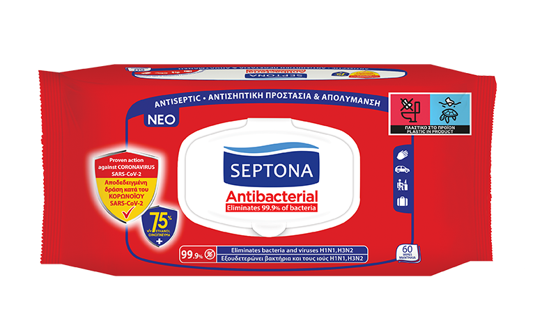 Septona Δροσομάντηλα Antibacterial 75% Ethanol οινόπνευμα με Καπάκι 60τμχ
