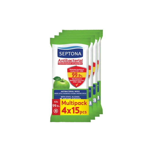 Septona Δροσομάντηλα Antibacterial Πράσινο Μήλο 4x15τμχ (2+2 Δωρό)