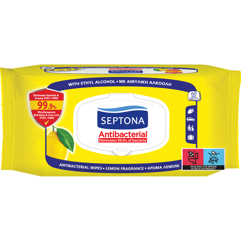 Septona Δροσομάντηλα Antibacterial Λεμόνι Με Καπάκι 60τμχ