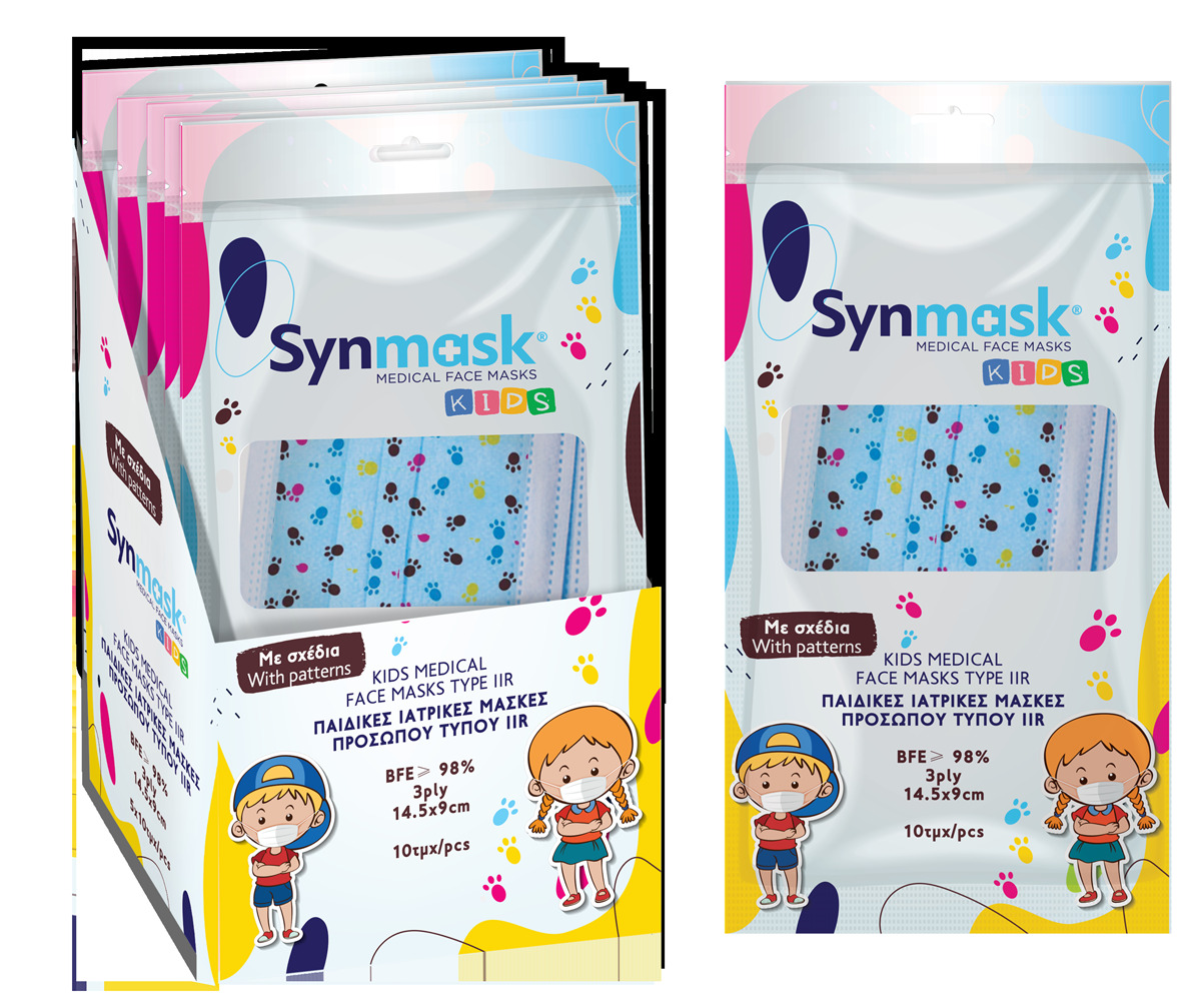 Μάσκες Χειρουργικές Synmask Παιδικές Με Πατουσάκια 3ply Type IIR BFE>98% Display Box 5x10τμχ