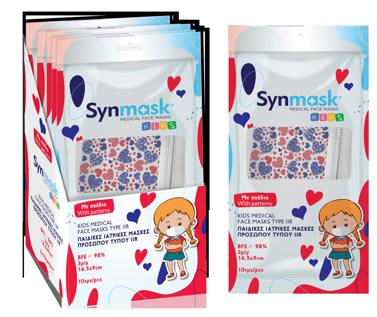 Surgical Masks Synmask Children's Surgical Masks with Hearts 3ply Type IIR BFE>98% Display Box 5x10pcs