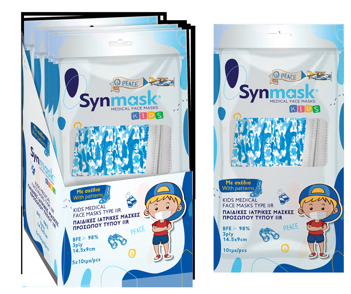 Surgical Masks Synmask Children's Variant Blue 3ply Type IIR BFE>98% Display Box 5x10pcs