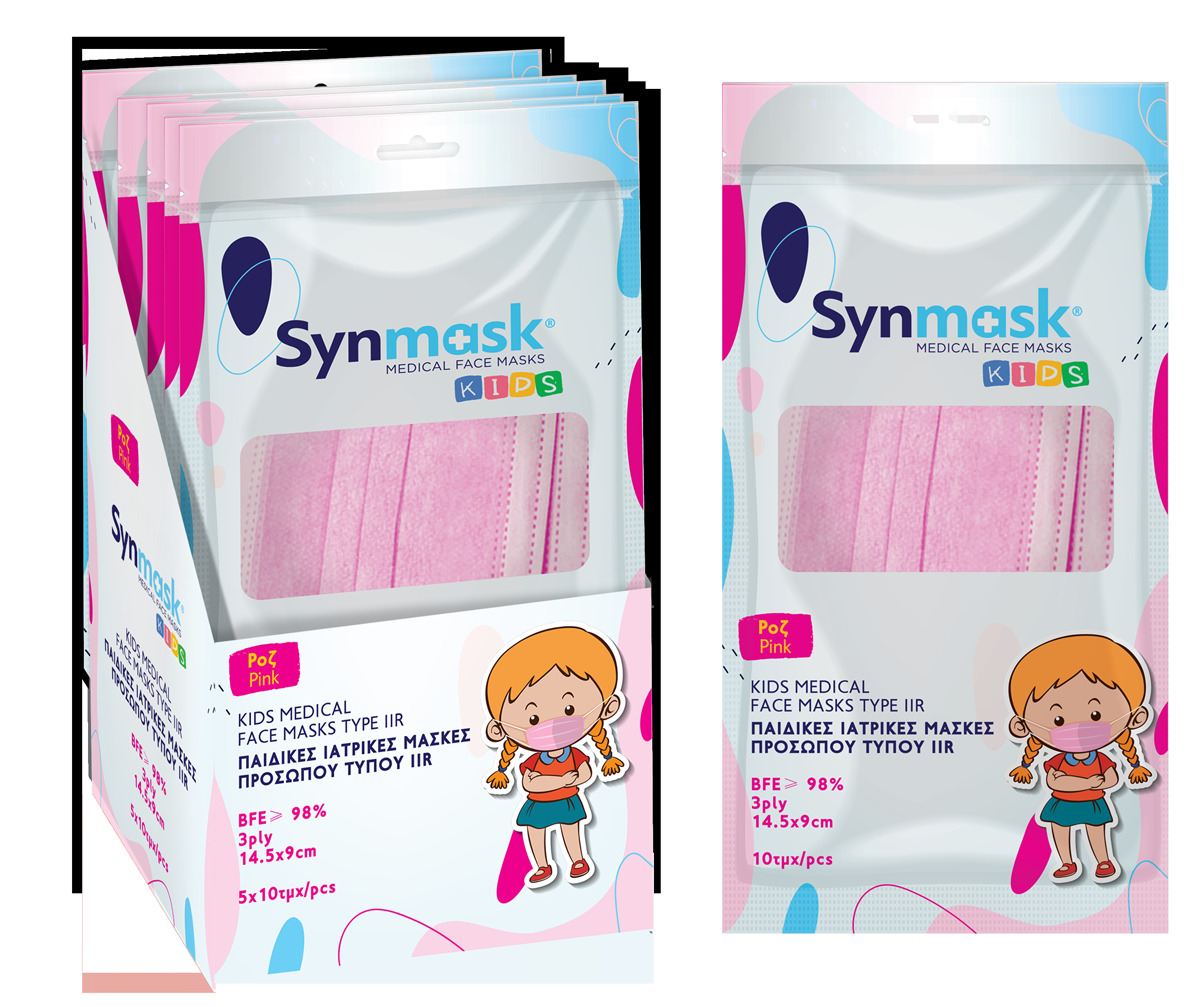 Surgical Masks Synmask Children's Pink 3ply Type IIR BFE>98% Display Box 5x10pcs