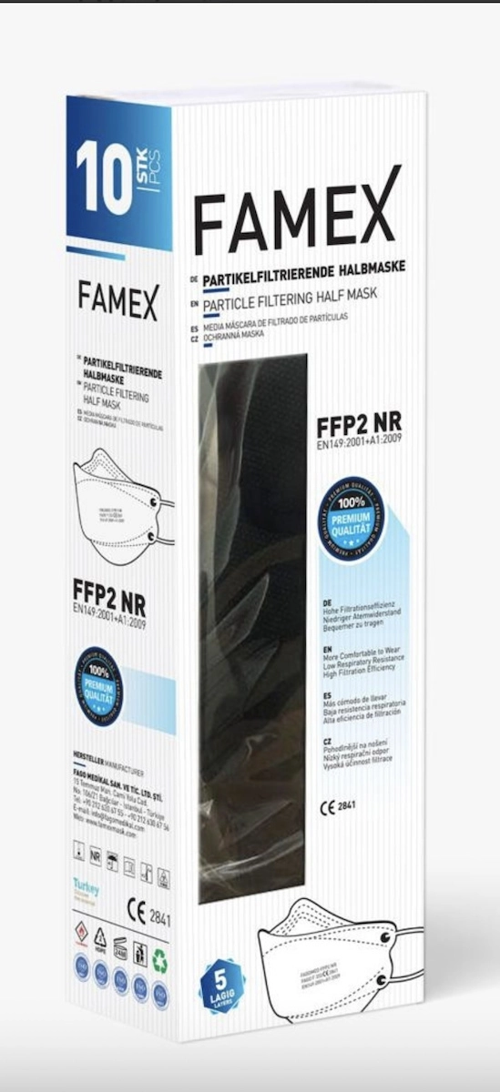 Μάσκα Ενηλίκων FFP2 NR Famex Flat Fold Μαύρη Χωρίς Βαλβίδα Μιας Χρήσης 10τμχ