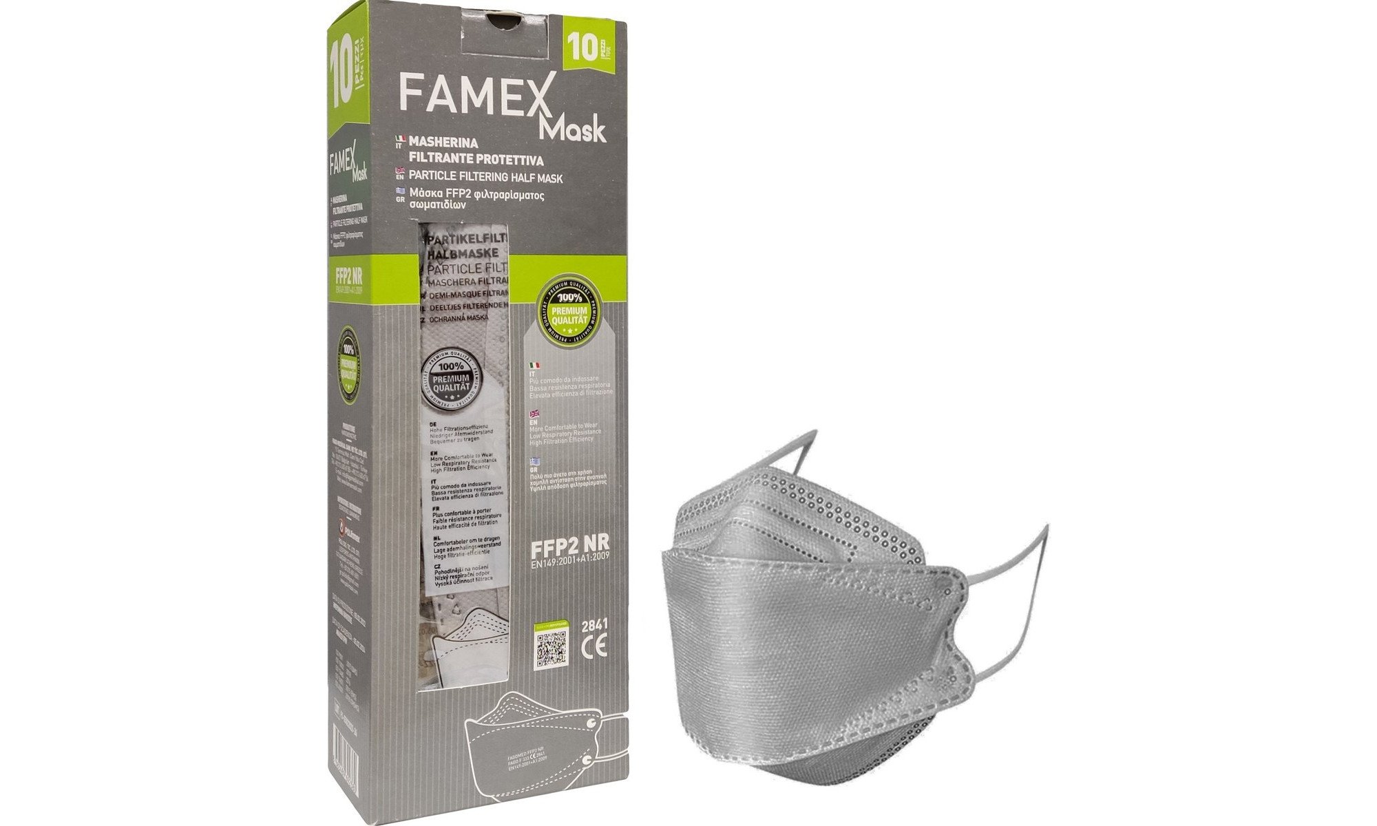 Μάσκα Ενηλίκων FFP2 NR Famex Flat Fold Γκρι Χωρίς Βαλβίδα Μιας Χρήσης 10τμχ